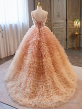 Unique V Neck Tulle Sequin Orange Pink Long Semi Formal Prom Dress, Orange Pink Sweet 16 Dress